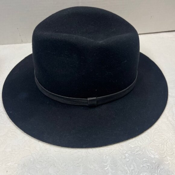 Large Brim Wool Fedora Hat Accented w/Leather Band Trim Black - Picture 4 of 12
